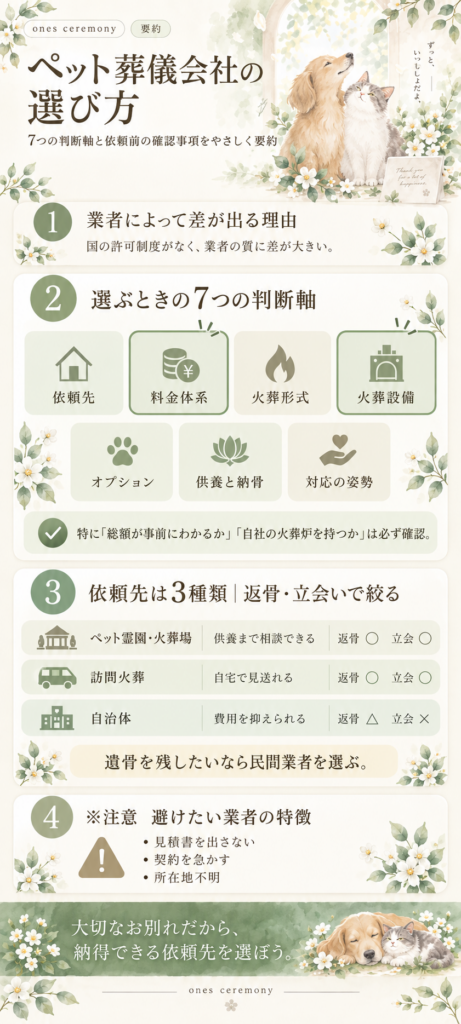 【ペット葬儀会社の選び方】7つの判断軸と費用相場、依頼前の確認事項を解説
