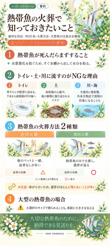 熱帯魚の火葬で知っておきたい、亡くなった直後の対応、トイレ・土・川や海に流してはいけない理由、火葬方法2種類、大型魚の注意点をまとめた図解