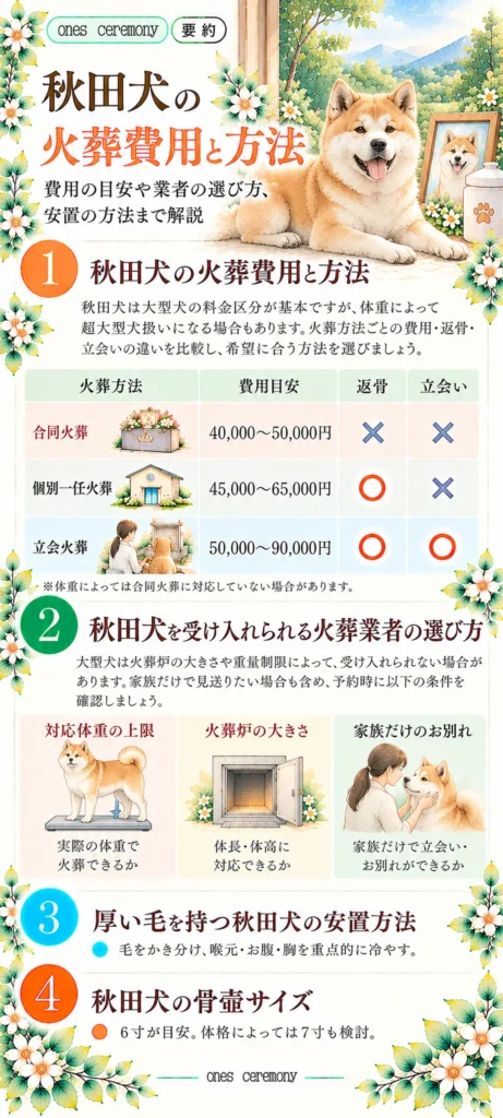 秋田犬の火葬費用と方法をまとめた図解。合同火葬・個別一任火葬・立会火葬の費用と返骨・立会いの違い、大型犬に対応する火葬業者の選び方、安置方法、骨壷サイズの目安を紹介。