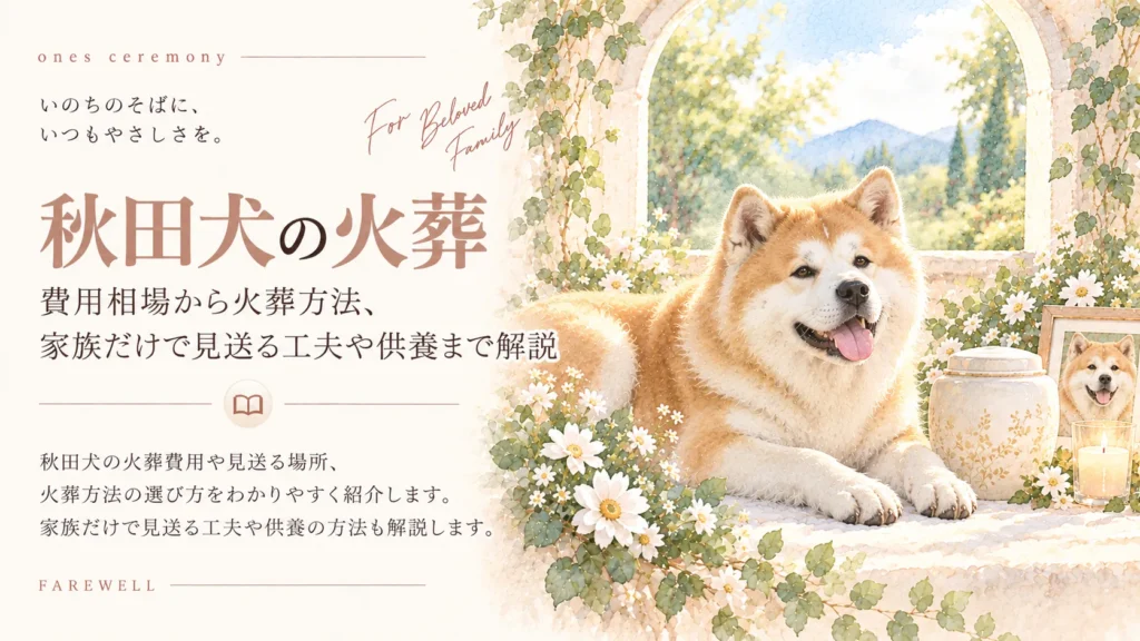 秋田犬の火葬費用や火葬方法、家族だけで見送る工夫を紹介するアイキャッチ。柔らかな自然光が差し込むアーチ状の窓辺で、厚い毛並みと穏やかな表情が特徴の秋田犬が横たわり、周囲には白い花や緑の葉、骨壷、写真立て、キャンドルが飾られている。