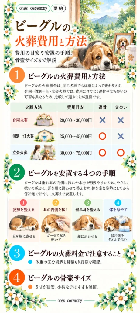 ビーグルの火葬費用と方法をまとめた図解。合同火葬・個別一任火葬・立会火葬の費用と返骨・立会いの違い、垂れ耳のケアを含む安置の4手順、火葬料金の注意点、骨壷サイズの目安を紹介。