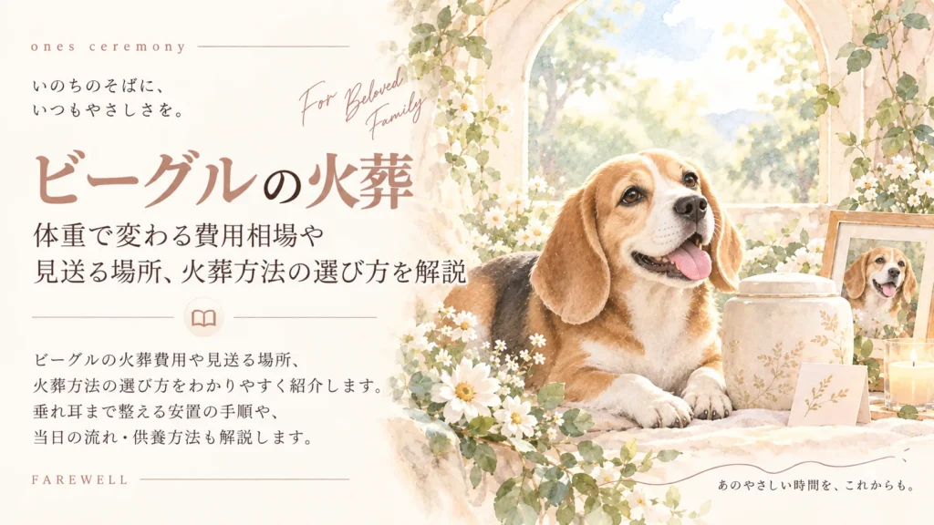 ビーグルの火葬費用や火葬方法、見送る場所の選び方を紹介するアイキャッチ。柔らかな光が差し込む窓辺で、垂れ耳のビーグルが穏やかな表情でくつろぎ、そばには白い花や緑の葉、骨壷、写真立て、キャンドルが飾られている。
