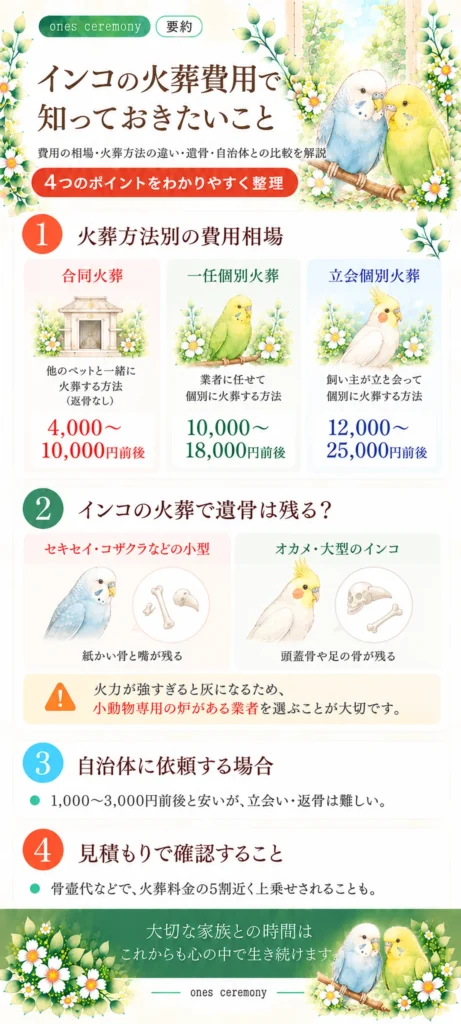 インコの火葬費用について、火葬方法別の費用相場、遺骨が残るかどうか、自治体に依頼する場合、見積もりで確認することをまとめた図解