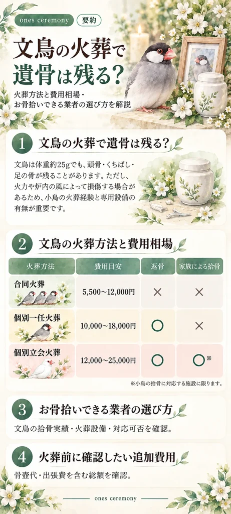 文鳥の火葬で遺骨は残るのかを解説した要約図解。合同火葬・個別一任火葬・個別立会火葬の費用と返骨・家族による拾骨の違い、小鳥の火葬業者の選び方、追加費用の確認事項を紹介。