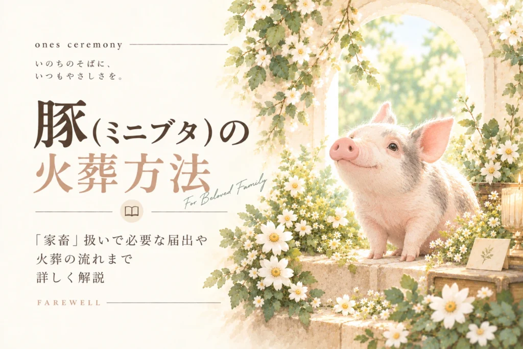 豚 火葬について伝える、白い花と柔らかな自然光に囲まれたミニブタと、「家畜」扱いで必要な届出や火葬の流れをまとめたアイキャッチ