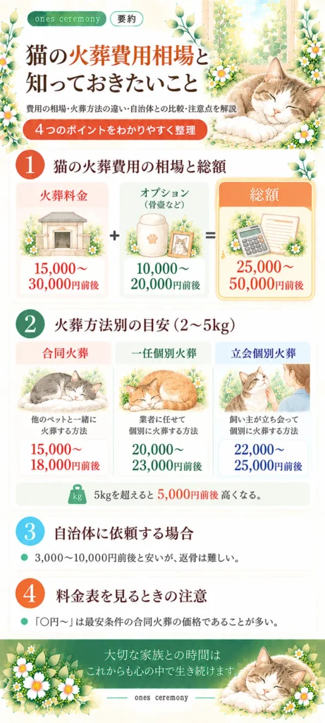 猫の火葬費用相場について、火葬料金とオプションを含む総額、火葬方法別の料金目安、自治体利用時の費用、料金表を見る際の注意点をまとめた図解