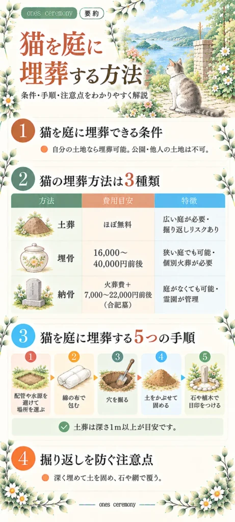 猫を庭に埋葬する方法をまとめた図解。埋葬できる土地の条件、土葬・埋骨・納骨の費用と特徴、庭に埋める5つの手順、土葬の深さ1m以上の目安、掘り返し防止策を紹介。