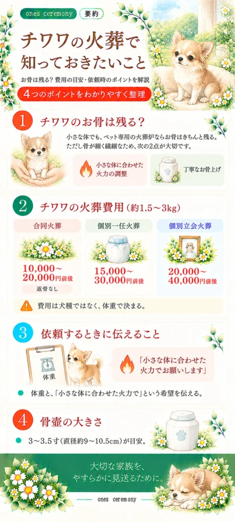 チワワの火葬について、小さな体でもお骨が残る理由、火力調整とお骨上げの注意点、火葬方法別の費用相場、依頼時に伝えること、骨壺の大きさをまとめた図解