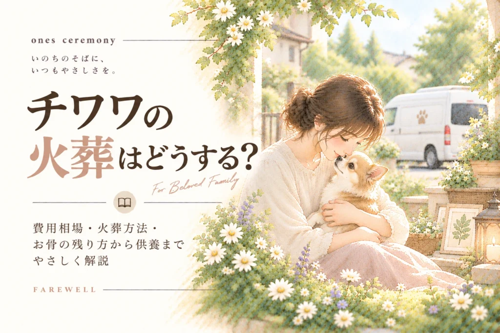 チワワ 火葬について伝える、白い花と自然光に包まれたチワワと女性を描き、費用相場・火葬方法・お骨の残り方・供養をまとめたアイキャッチ