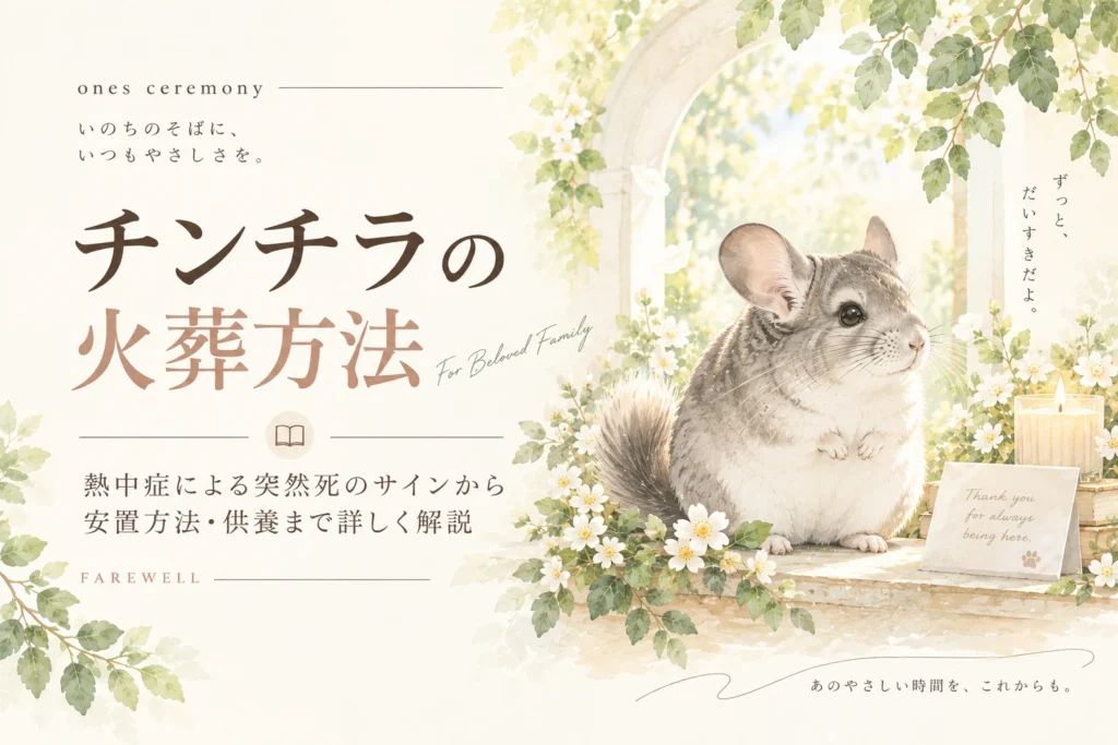チンチラ 火葬の要点を伝える、白い花と柔らかな木漏れ日に包まれたチンチラと、熱中症による突然死のサインや安置方法を示したアイキャッチ