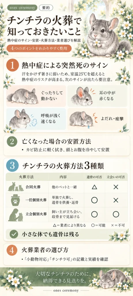 チンチラの火葬で知っておきたい熱中症のサイン、安置方法、火葬方法3種類、火葬業者の選び方をまとめた図解