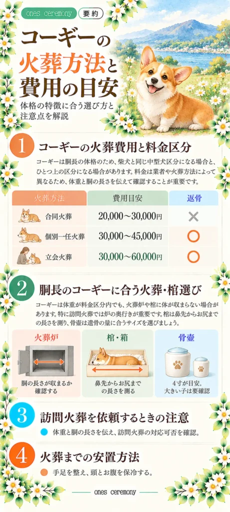 コーギーの火葬費用と火葬方法をまとめた図解。合同火葬・個別一任火葬・立会火葬の費用と返骨の違い、胴長の体格に合う火葬炉・棺・骨壷の選び方、訪問火葬の注意点と安置方法を紹介。
