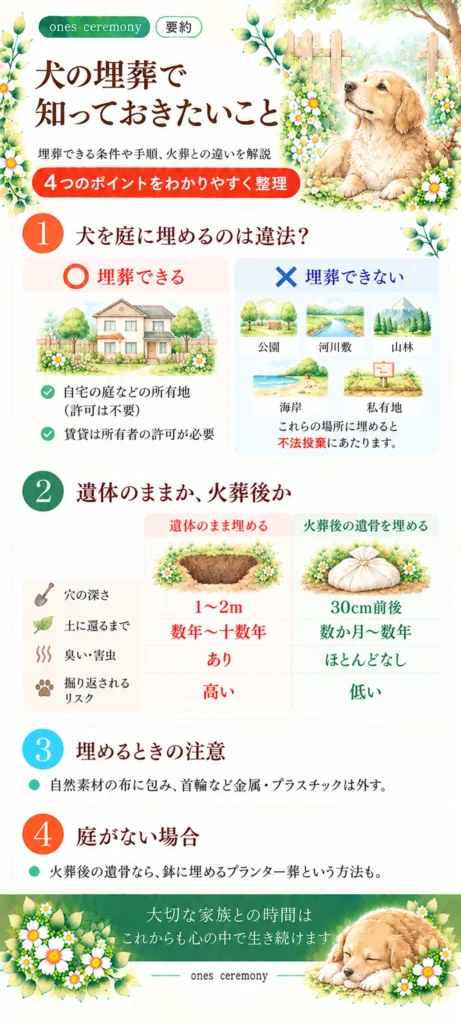 犬の埋葬について、庭に埋められる場所と埋められない場所、遺体のまま埋める場合と火葬後の遺骨を埋める場合の違い、埋葬時の注意点、プランター葬をまとめた図解
