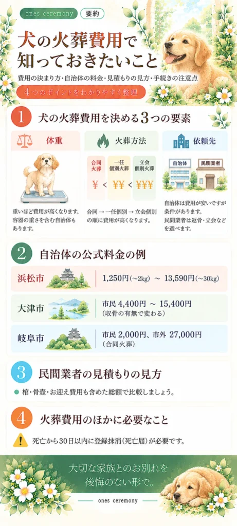 犬の火葬費用を決める体重・火葬方法・依頼先の違い、自治体の公式料金例、民間業者の見積もり、死亡届の注意点をまとめた図解
