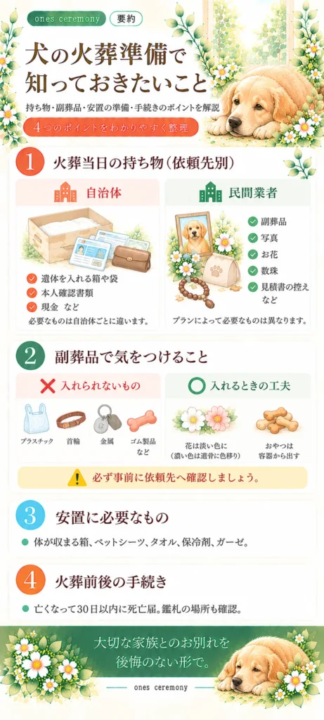 犬の火葬準備で知っておきたい当日の持ち物、副葬品の注意点、安置に必要なもの、火葬前後の手続きをまとめた図解