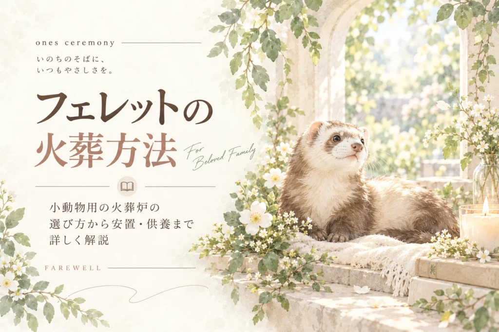 フェレット 火葬について伝える、白い花とやわらかな自然光に包まれたフェレットとともに、小動物用の火葬炉の選び方や安置・供養の要点を示した表紙