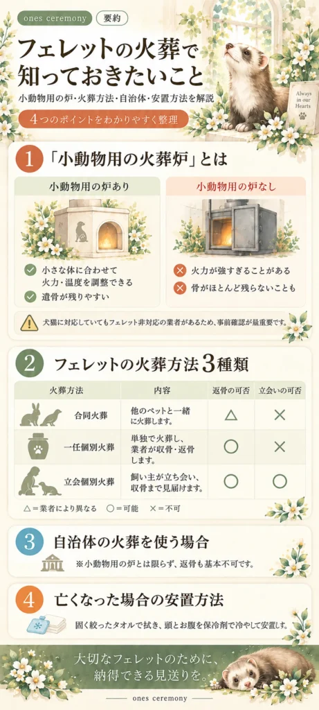 フェレットの火葬で知っておきたい小動物用火葬炉の違い、火葬方法3種類、自治体火葬の注意点、亡くなった場合の安置方法をまとめた図解