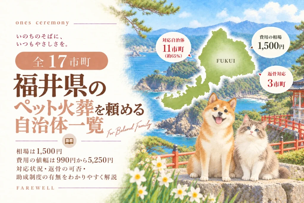 福井県のペット火葬に対応する11市町、費用相場1,500円、返骨対応3市町を紹介。福井県の地図と3つの吹き出しを配置し、東尋坊を思わせる日本海の岩場を背景に、水彩タッチの茶色い犬と長毛の猫が並んで座っている。