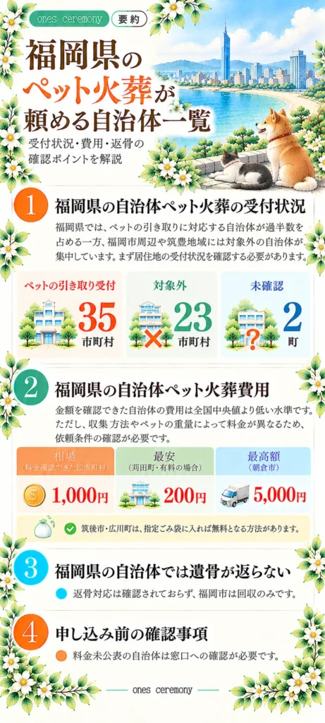 福岡県の自治体ペット火葬をまとめた図解。全60市町村のうちペットの引き取り受付35、対象外23、未確認2。費用相場1,000円、最安有料額200円、最高5,000円、返骨状況と申し込み前の確認事項を紹介。