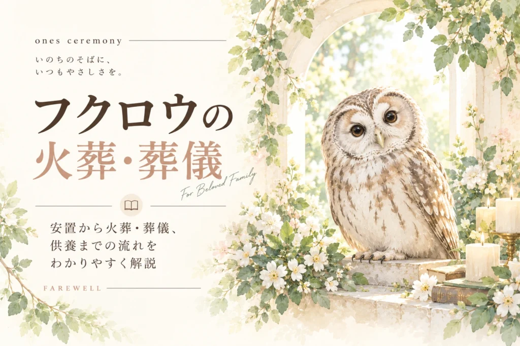 フクロウ 火葬について伝える、白い花と柔らかな自然光に囲まれたフクロウとともに、安置から火葬・葬儀、供養までの流れを紹介するアイキャッチ
