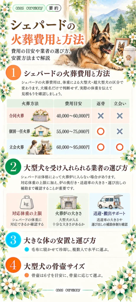 シェパードの火葬費用と方法をまとめた図解。合同火葬・個別一任火葬・立会火葬の費用と返骨・立会いの違い、大型犬対応業者の選び方、安置・運搬方法、骨壷サイズを紹介。