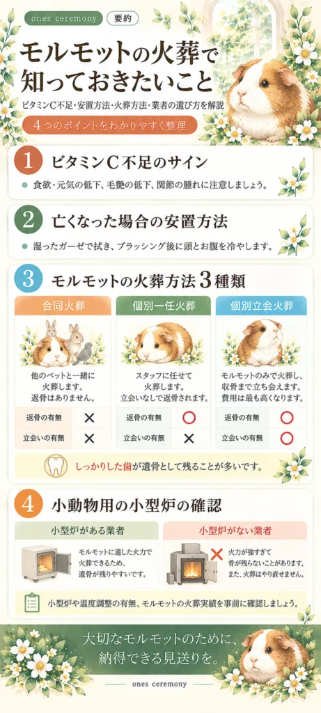 モルモットの火葬で知っておきたいビタミンC不足のサイン、安置方法、火葬方法3種類、小動物用の小型炉の確認ポイントをまとめた図解