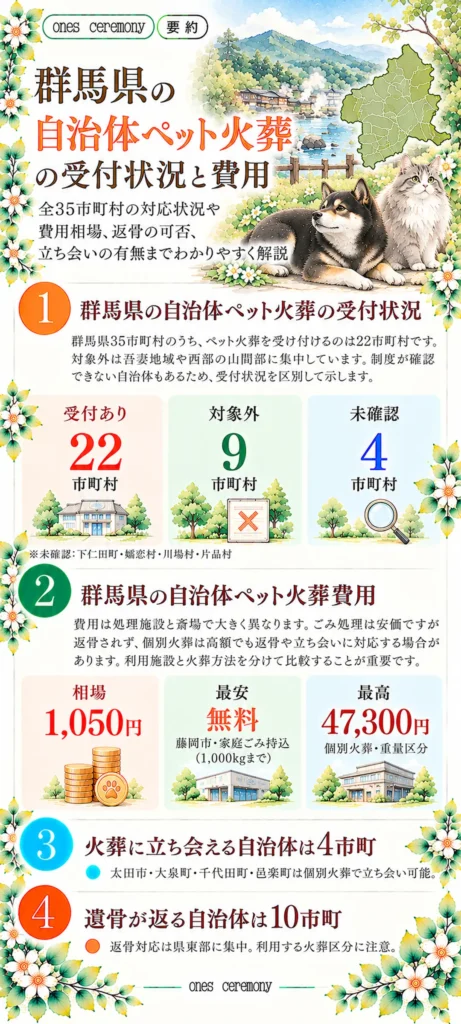 群馬県の自治体ペット火葬をまとめた図解。受付22市町村、対象外9市町村、未確認4市町村。費用相場1,050円、藤岡市の無料条件、最高47,300円、立ち会い可能な4市町と返骨対応10市町を紹介。