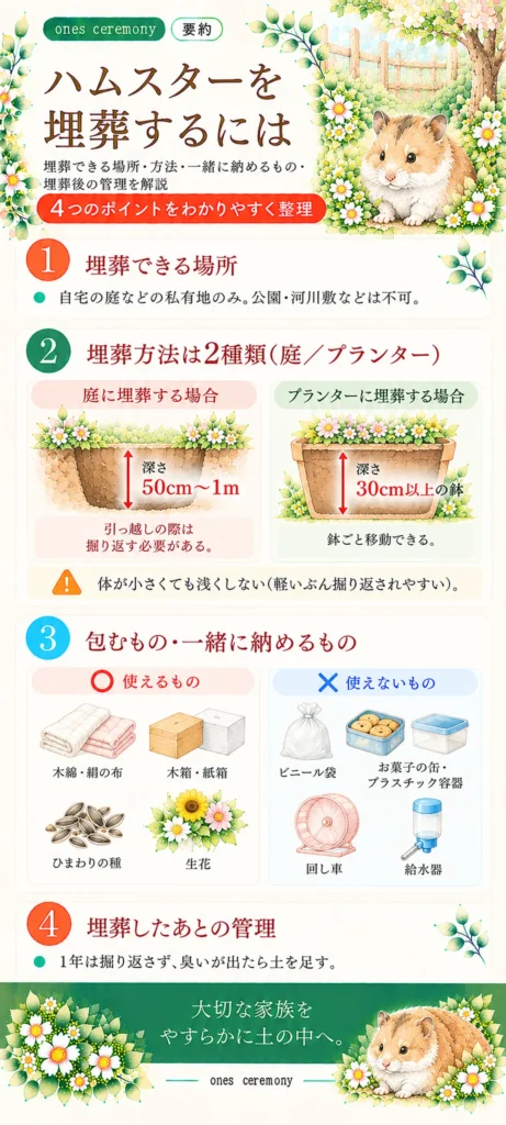ハムスターの埋葬について、埋葬できる場所、庭とプランターの埋葬方法や深さ、使えるもの・使えないもの、埋葬後の管理をまとめた図解