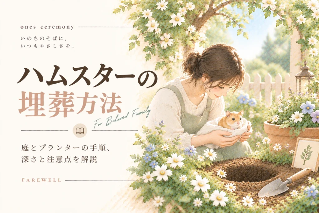 ハムスター 埋葬について伝える、庭でハムスターを抱く女性と花々を描き、庭やプランターでの埋葬手順や深さ、注意点をまとめたアイキャッチ