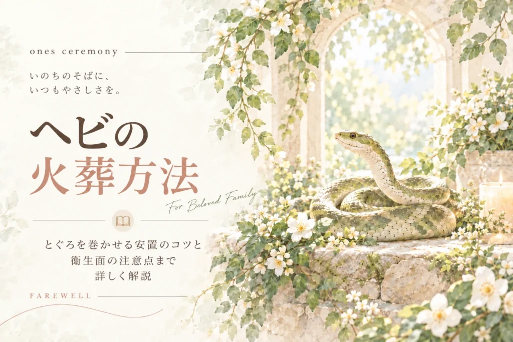 ヘビ 火葬について伝える、白い花と柔らかな自然光に囲まれたヘビと、とぐろを巻かせる安置のコツや衛生面の注意点をまとめたアイキャッチ