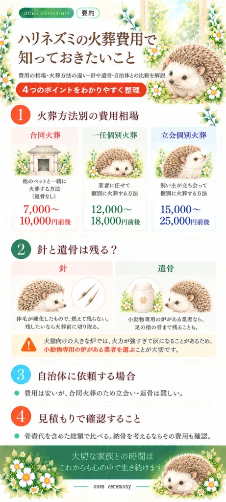 ハリネズミの火葬費用について、火葬方法別の費用相場、針と遺骨が残るかどうか、自治体に依頼する場合、見積もりで確認することをまとめた図解