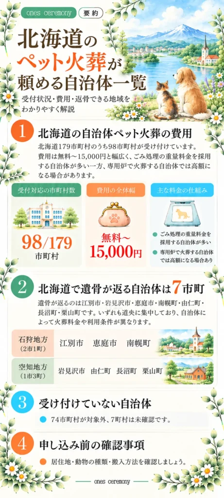 北海道179市町村のペット火葬について、受付対応98市町村、費用の全体幅は無料〜15,000円、返骨に対応する道央7市町、受付対象外の74市町村、未確認の7町村、申し込み前の確認事項をまとめた図解。