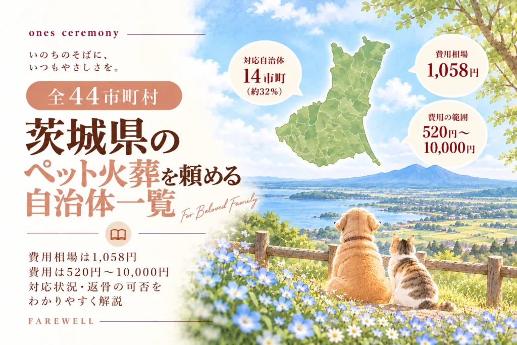 茨城県のペット火葬が頼める自治体一覧。筑波山や霞ヶ浦を思わせる風景と青い花畑を背景に、茶色の犬と三毛猫が並んで座る。茨城県の地図と対応14市町、費用相場1,058円、料金幅520〜10,000円を示す丸い吹き出しを配置。