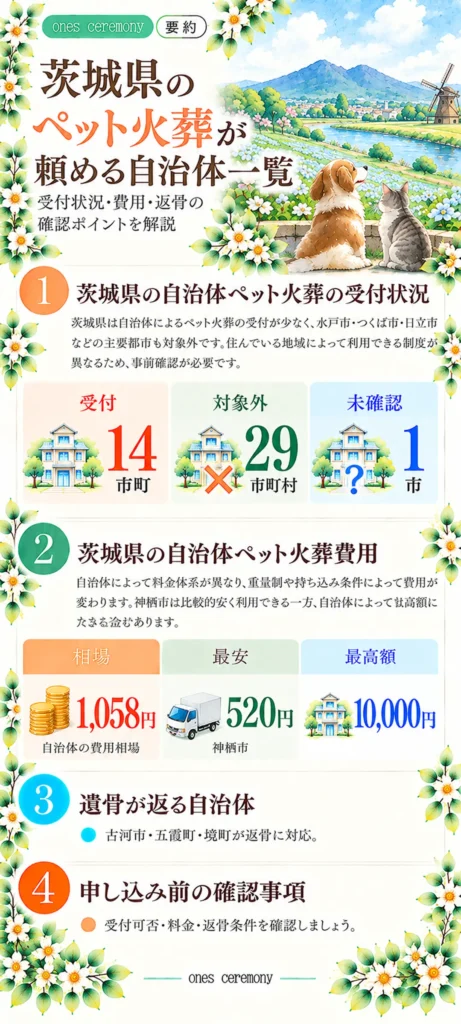 茨城県の自治体ペット火葬をまとめた図解。受付14市町、対象外29市町村、未確認1市。火葬費用の相場1,058円、神栖市の最安520円、最高額10,000円、返骨に対応する古河市・五霞町・境町を紹介。