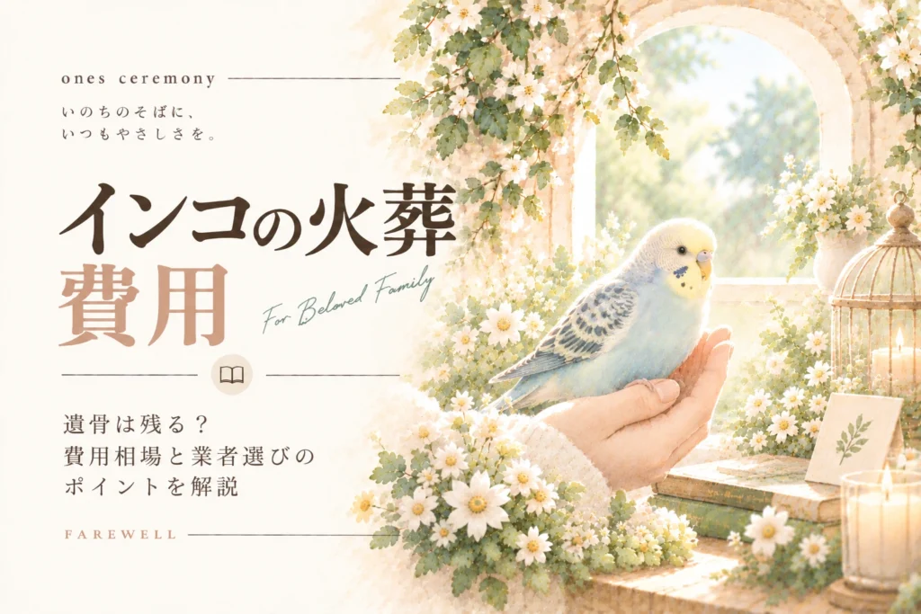 インコ 火葬 費用について伝える、白い花と柔らかな自然光に囲まれたインコと、遺骨の残り方や費用相場、業者選びのポイントをまとめたアイキャッチ