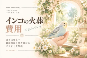 インコ 火葬 費用について伝える、白い花と柔らかな自然光に囲まれたインコと、遺骨の残り方や費用相場、業者選びのポイントをまとめたアイキャッチ