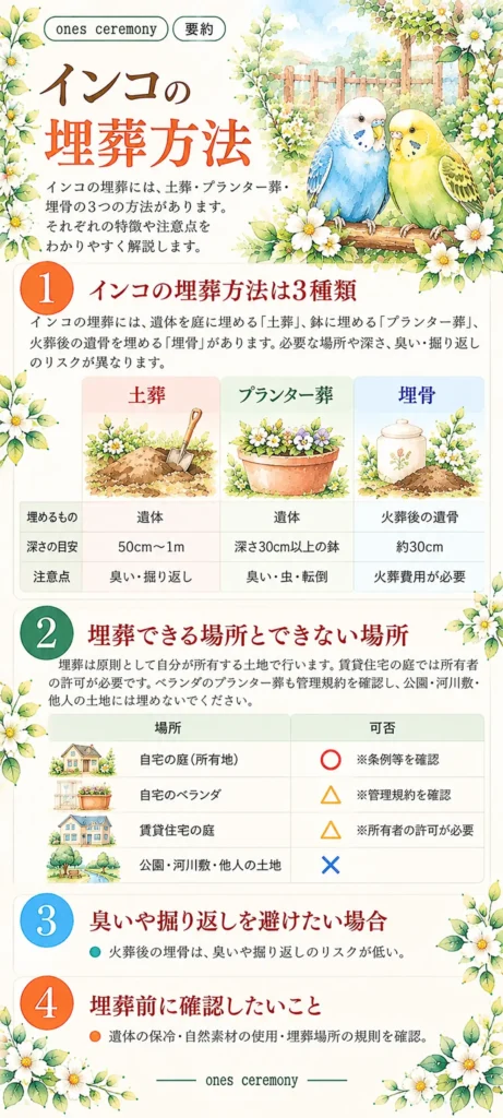 インコの埋葬方法をまとめた図解。土葬・プランター葬・火葬後の埋骨の違い、埋める深さや注意点、埋葬できる場所とできない場所、臭いや掘り返しへの対策を紹介。