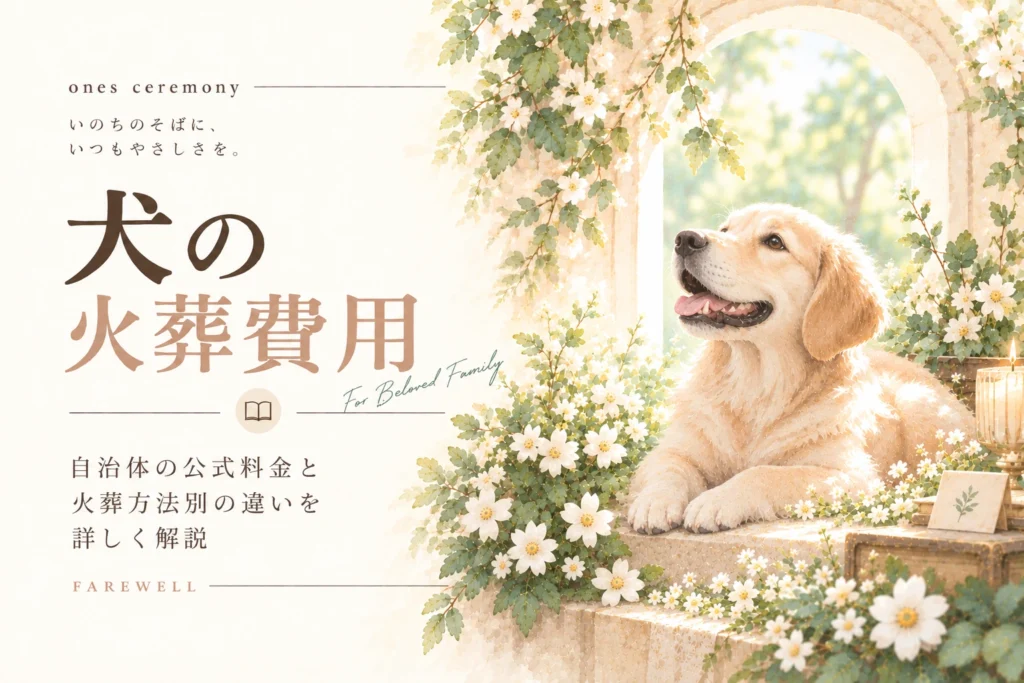 犬 火葬 費用について伝える、白い花と柔らかな自然光に囲まれた犬と、自治体の公式料金や火葬方法別の違いをまとめたアイキャッチ