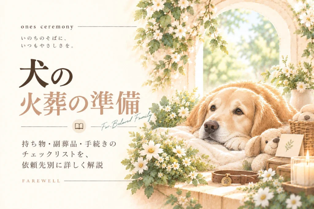 犬 火葬 準備について伝える、白い花と柔らかな自然光に囲まれた犬と、持ち物・副葬品・手続きのチェック項目をまとめたアイキャッチ