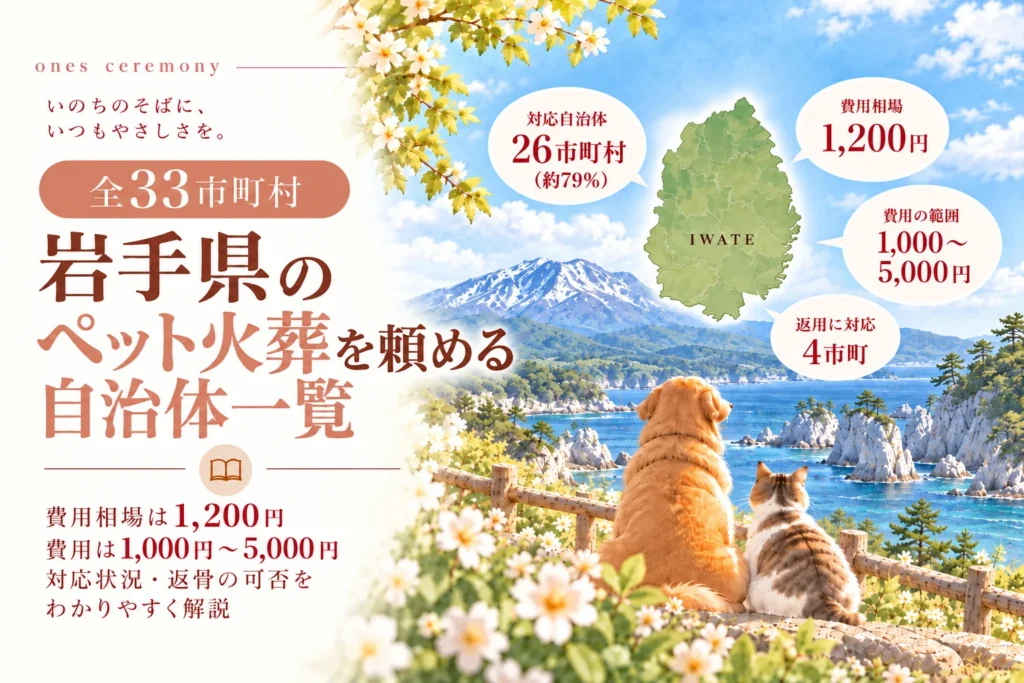 岩手県のペット火葬に対応する26市町村、費用相場1,200円、返骨対応4市町を吹き出しで紹介。岩手県の地図を中心に、岩手山を思わせる山並みと浄土ヶ浜の白い岩場を背景として、犬と猫が寄り添い海を眺める水彩風景。