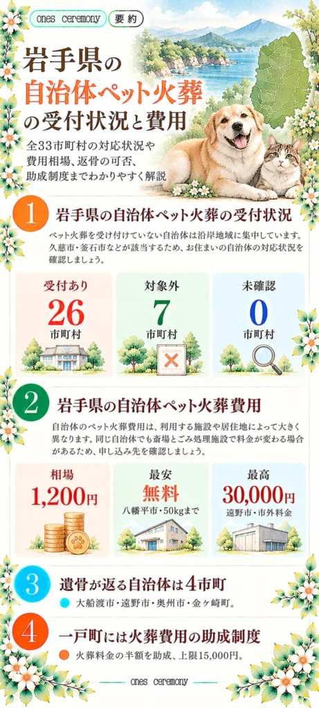 岩手県の自治体ペット火葬をまとめた図解。受付26市町村、対象外7市町村、未確認0。費用相場1,200円、八幡平市の無料条件、遠野市の市外料金30,000円、返骨に対応する4市町、一戸町の火葬費用助成制度を紹介。