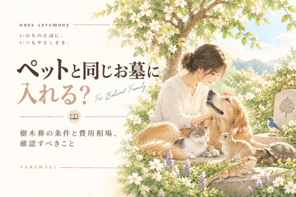 樹木 葬 ペット と 一緒をテーマに、犬や猫、うさぎなど複数のペットと女性が花咲く樹木の下で寄り添う様子を描いたアイキャッチ