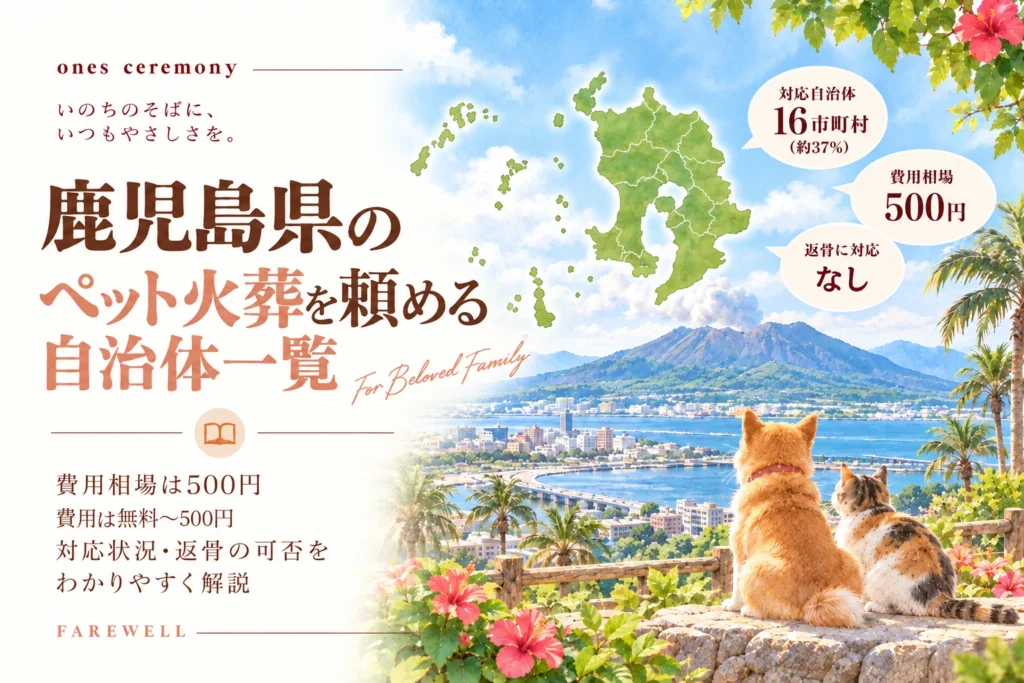 鹿児島県のペット火葬が頼める自治体一覧。桜島と錦江湾、南国の花々を背景に、茶色の犬と三毛猫が寄り添って座る。鹿児島県の地図と対応16市町村、費用相場500円、費用の範囲は無料〜500円、返骨対応なしの情報を掲載。