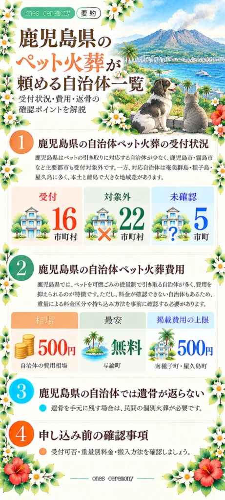 鹿児島県の自治体ペット火葬をまとめた図解。受付16市町村、対象外22市町村、未確認5市町。火葬費用の相場500円、与論町の無料の例、掲載費用の上限500円、返骨状況と申し込み前の確認事項を紹介。