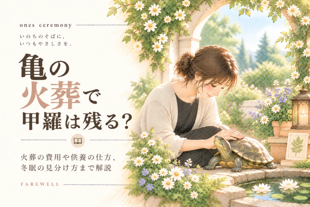 亀 火葬について伝える、白い花と柔らかな自然光に囲まれた亀と女性を描き、甲羅の残り方や費用、供養、冬眠の見分け方をまとめたアイキャッチ