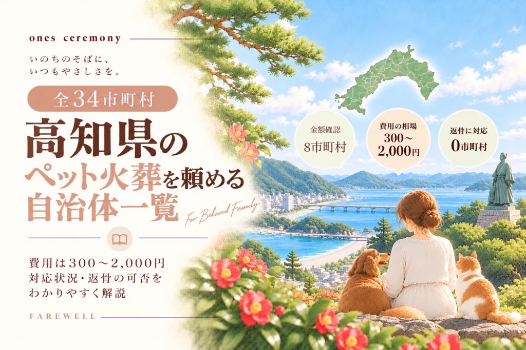 高知県のペット火葬が頼める自治体一覧。桂浜を思わせる海岸や坂本龍馬像、緑豊かな山々を背景に、茶色い犬と茶白猫に寄り添う女性、高知県の地図、費用を確認できた8市町村、費用300〜2,000円、返骨対応0市町村を描いている。