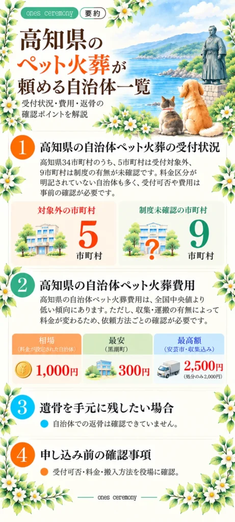 高知県の自治体ペット火葬をまとめた図解。全34市町村のうち受付対象外5市町村、制度未確認9市町村。火葬費用の相場1,000円、黒潮町の最安300円、安芸市の収集込み2,500円、返骨状況と申し込み前の確認事項を紹介。