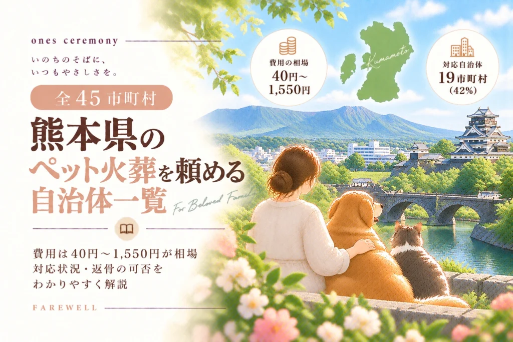 熊本県のペット火葬を自治体に頼む際の費用や対応状況を、熊本城や阿蘇を思わせる山並み、犬・猫とともに表したアイキャッチ