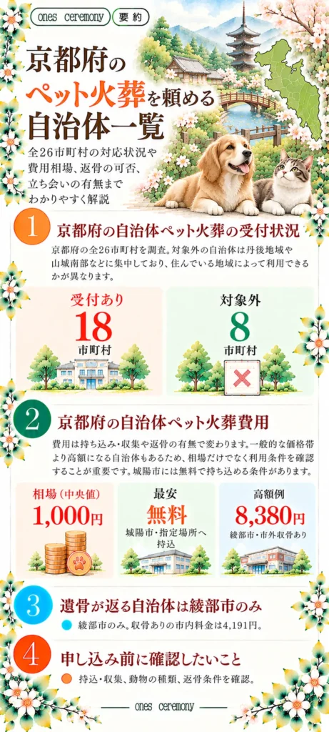 京都府のペット火葬が頼める自治体一覧をまとめた図解。受付18市町村、対象外8市町村。費用中央値1,000円、城陽市の無料条件、綾部市の市外料金8,380円、返骨対応と申し込み前の確認事項を紹介。