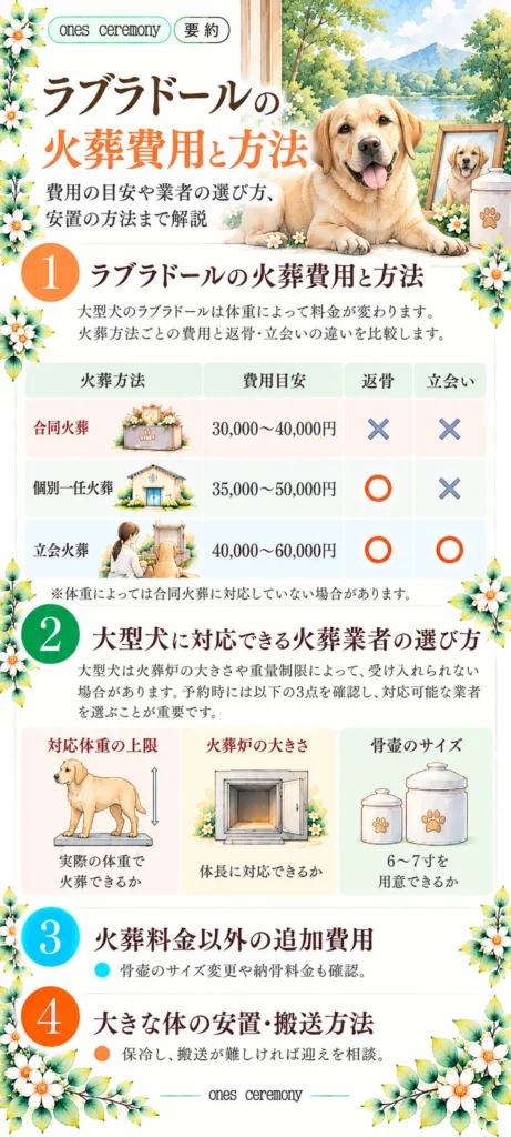 ラブラドールの火葬費用と方法をまとめた図解。合同火葬・個別一任火葬・立会火葬の料金と返骨・立会いの違い、大型犬に対応する火葬業者の選び方、追加費用、安置・搬送方法を紹介。